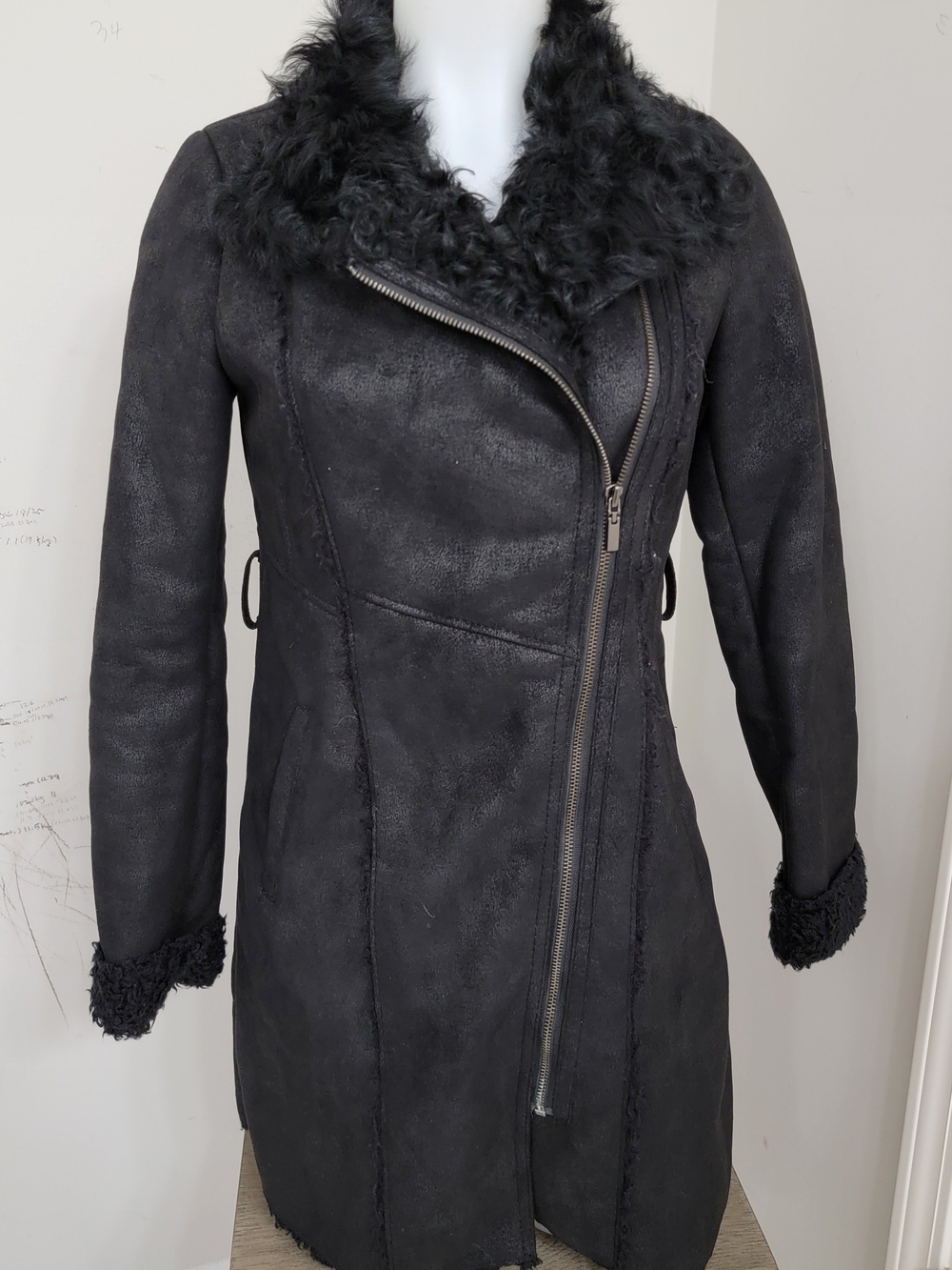 Women's Black Shearling And Faux Leather Coat